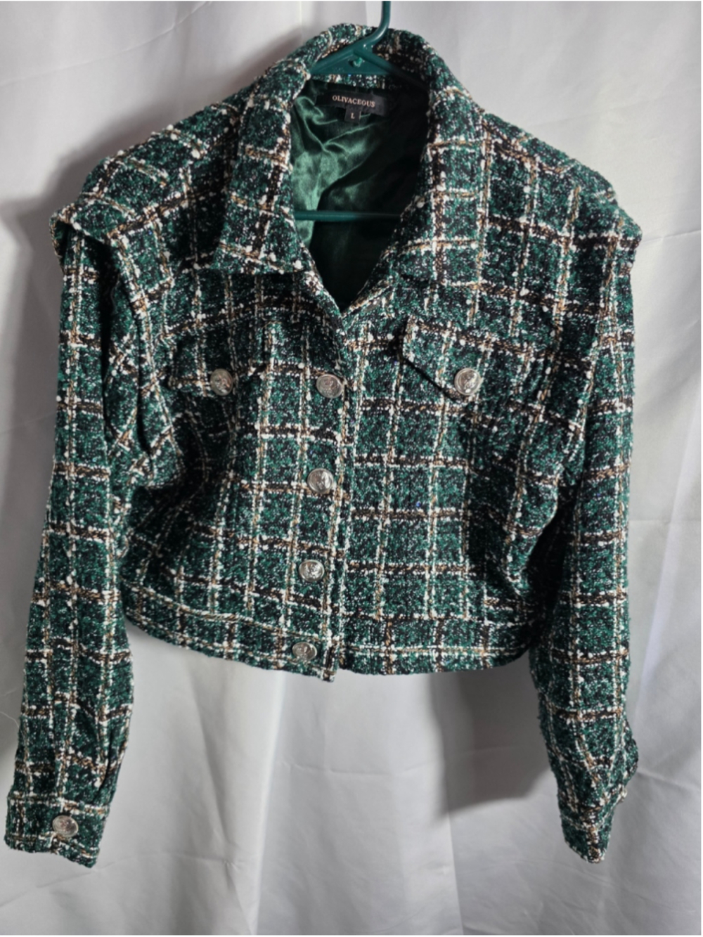Women's Olivaceous Tweed Blazer Jacket Size L Green Black Plaid fall trendy